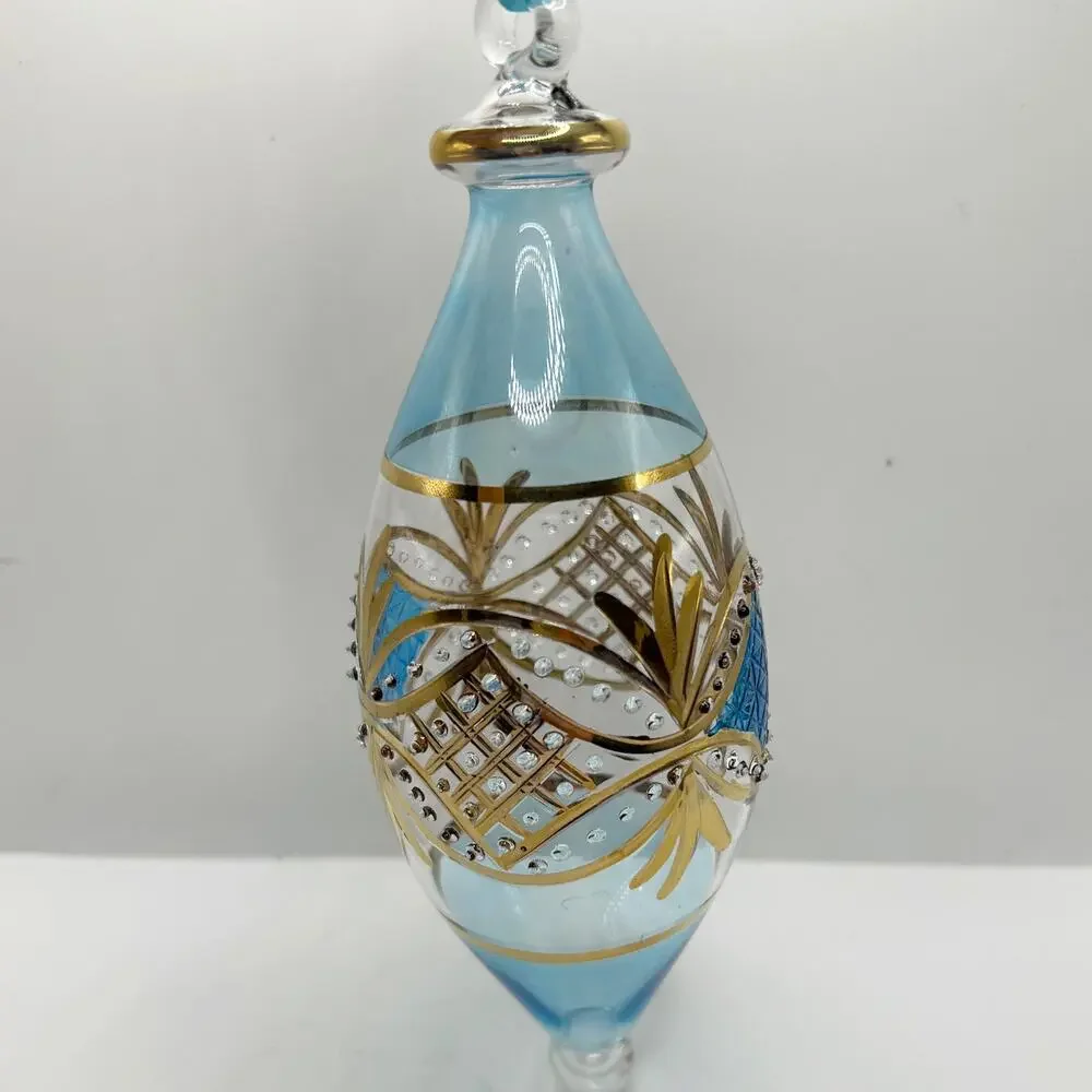 Egyptian Hand Blown Fancy Blue 24K Gold Etched Glass Christmas Ornament EUC
